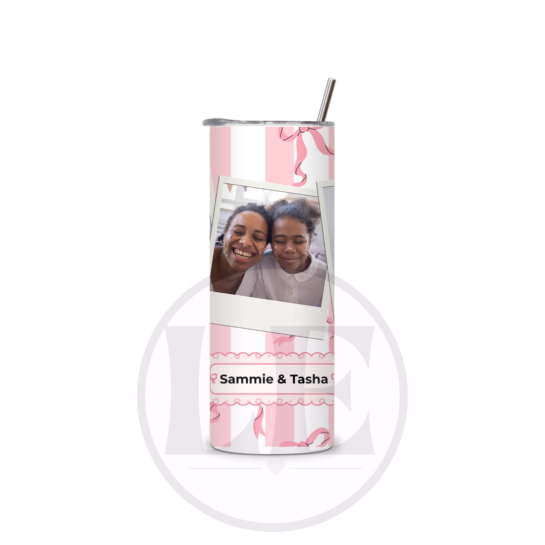 Pink bow 3 photo tumbler showing personalised name and photo details