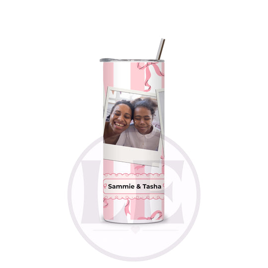 Pink bow 3 photo tumbler showing personalised name and photo details