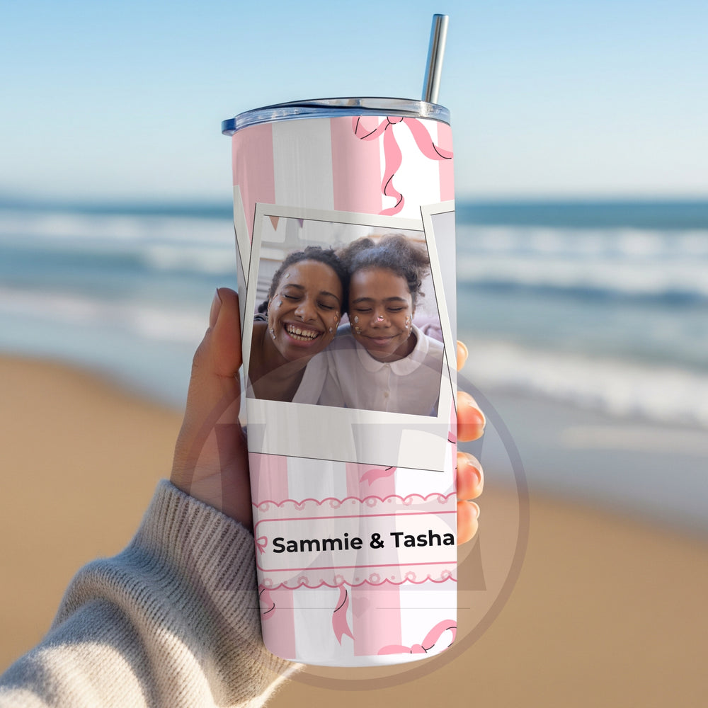 Personalised Pink Bow 20oz photo tumbler showing the wrap design and name