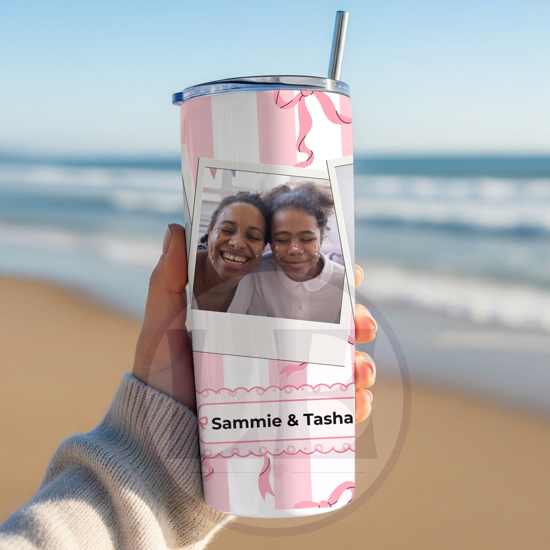 Personalised Pink Bow 20oz photo tumbler showing the wrap design and name