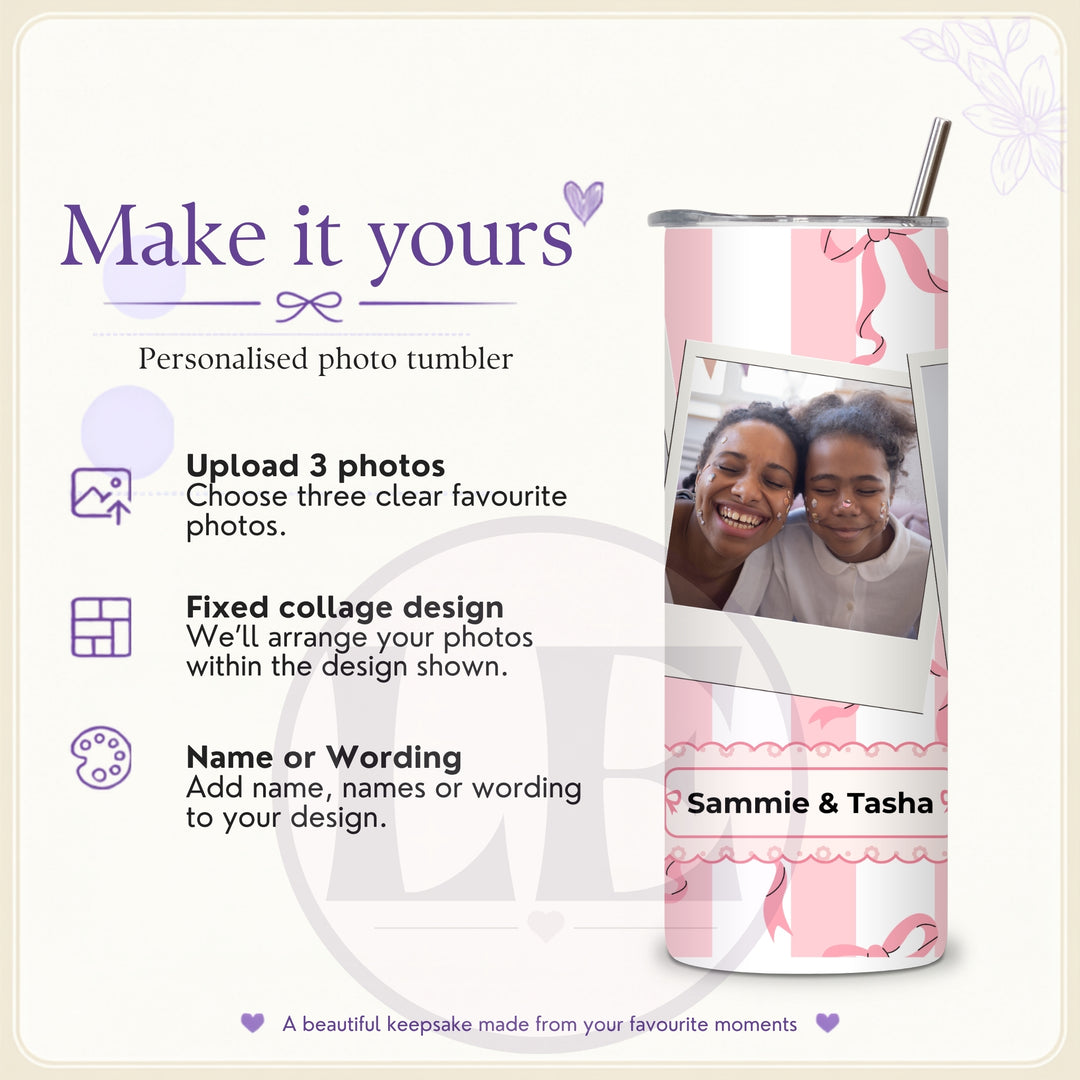 Personalised Pink Bow 3 Photo 20oz Tumbler with Name