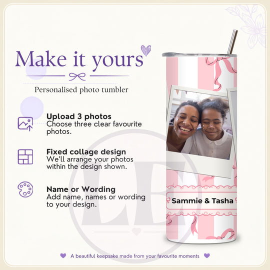 Personalised Pink Bow 3 Photo 20oz Tumbler with Name