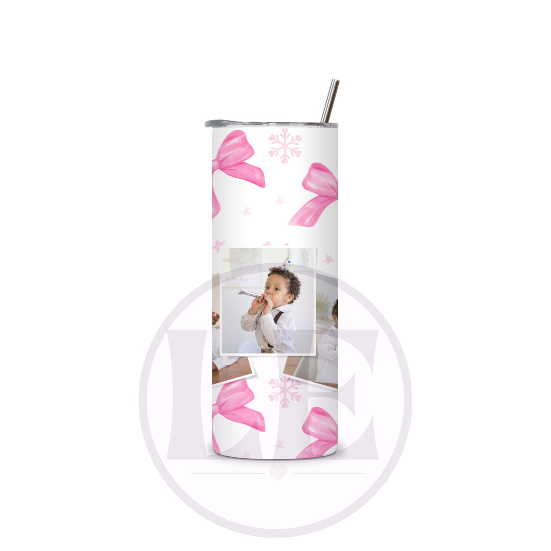 Front view of Pink Bow and Snowflake 3 Photo 20oz Tumbler