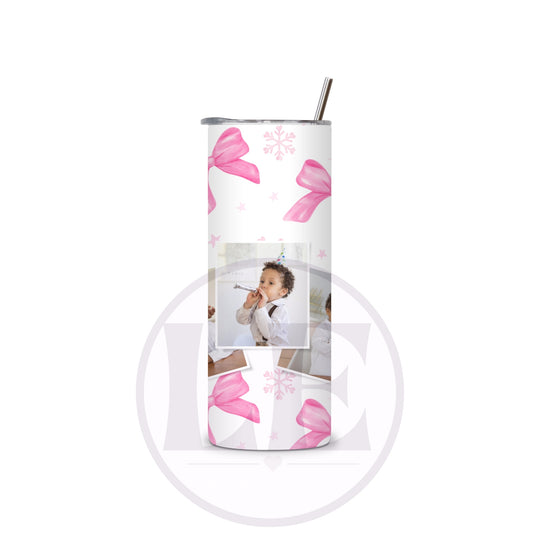 Front view of Pink Bow and Snowflake 3 Photo 20oz Tumbler