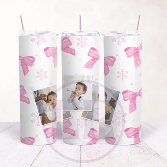 Personalised Pink Bow and Snowflake 3 Photo 20oz Tumbler