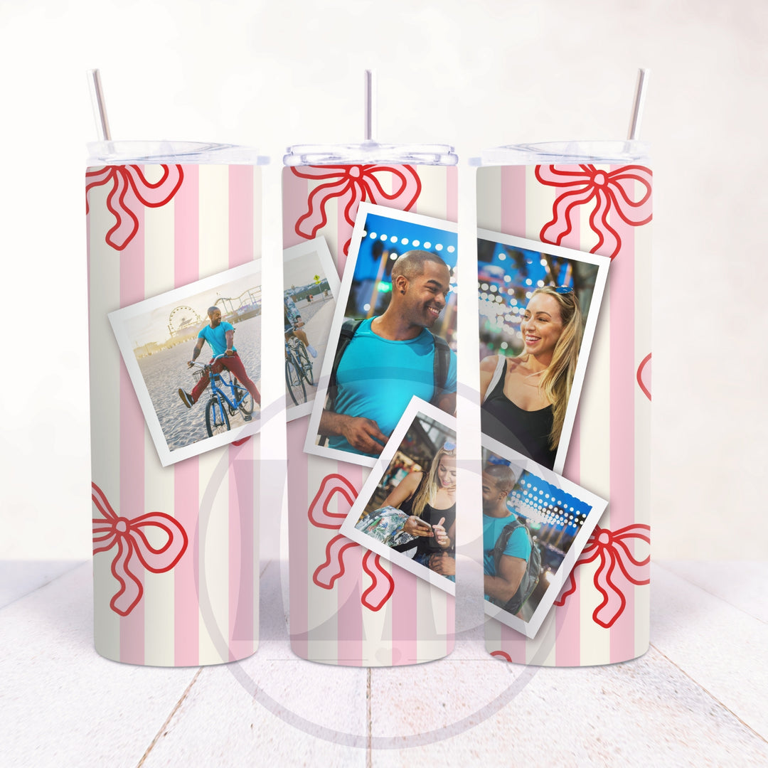 Pink stripe and red bow personalised 3 photo 20oz tumbler design