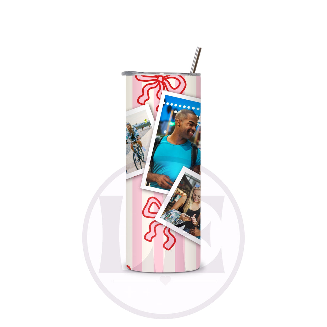 Personalised Pink Stripe and Red Bow photo tumbler design detail