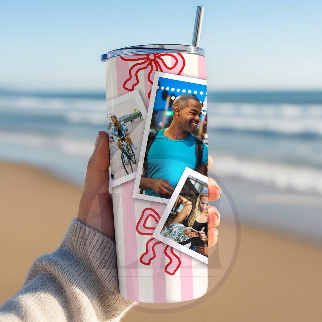 Personalised Pink Stripe and Red Bow 3 Photo 20oz Tumbler
