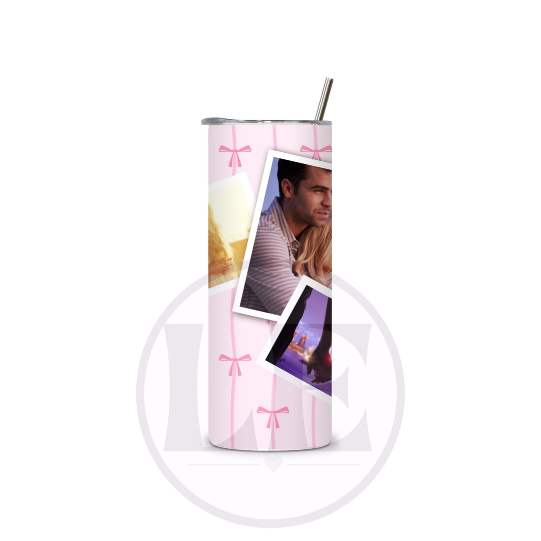 Personalised Pink Wavy Stripe and Bow 3 Photo 20oz Tumbler