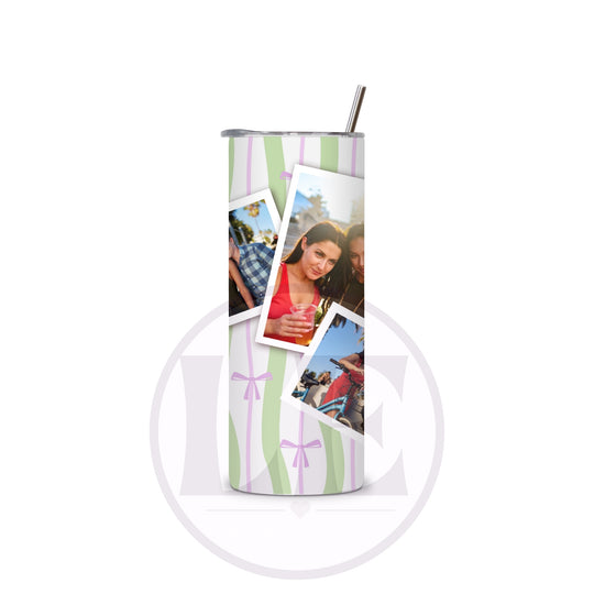 Personalised Sage Green and Lilac Wavy Stripe and Bow 3 Photo 20oz Tumbler