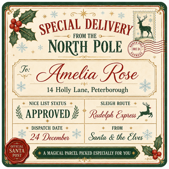 Personalised Santa shipping label glossy Christmas sticker with recipient name