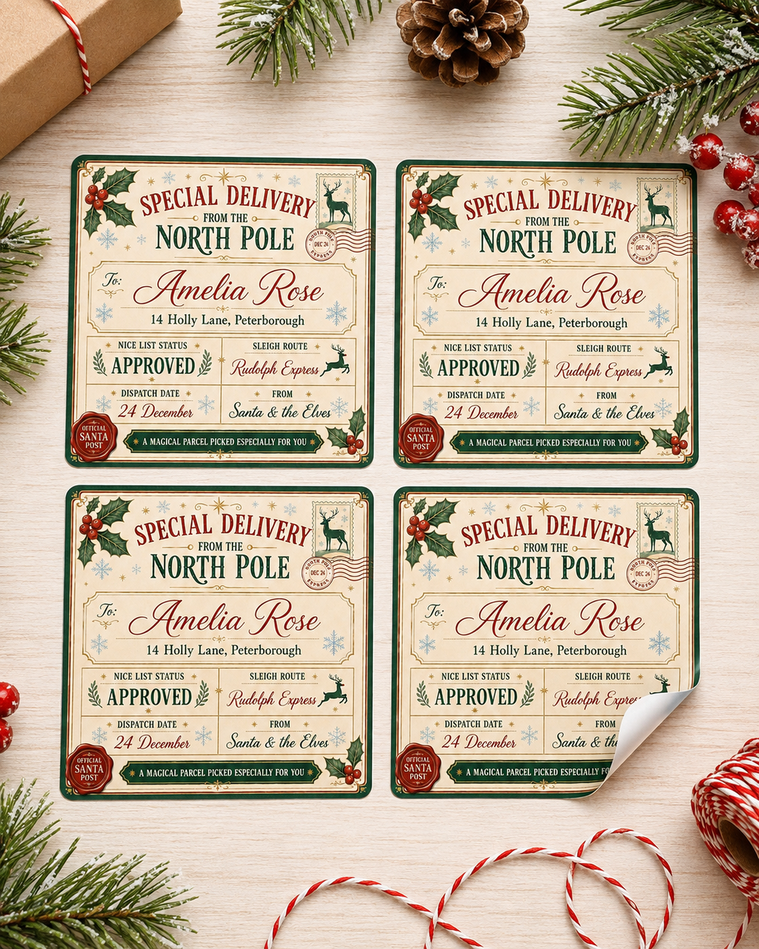 Multi pack of personalised Santa shipping label stickers with different recipient names