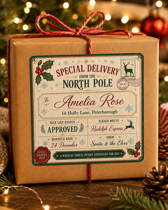 Personalised Santa shipping label sticker applied to a wrapped Christmas Eve box.