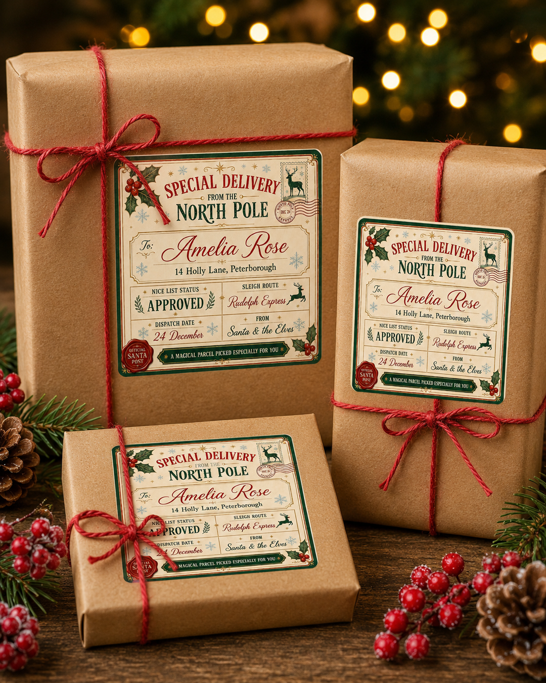 Three personalised Santa shipping label stickers on wrapped Christmas gift boxes
