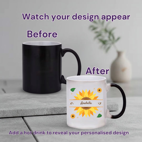 Personalised sunflower magic mug before and after hot drink reveal
