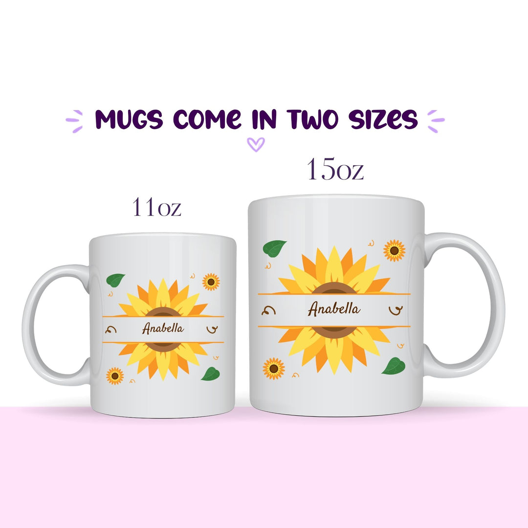 Personalised sunflower mug available in 11oz and 15oz sizes
