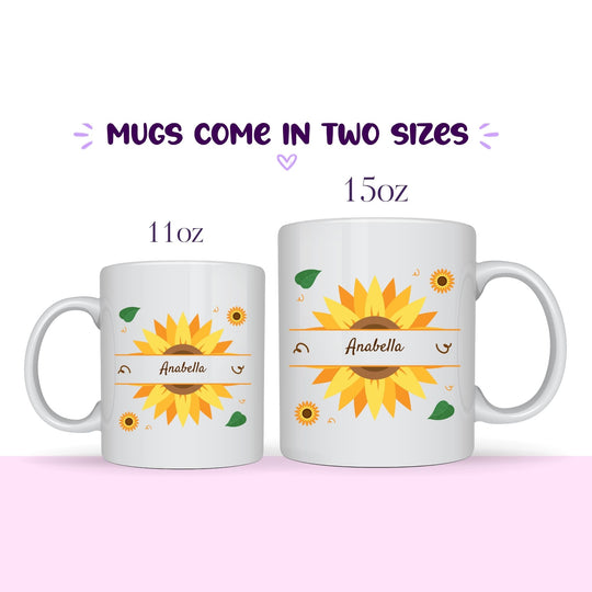 Personalised sunflower mug available in 11oz and 15oz sizes