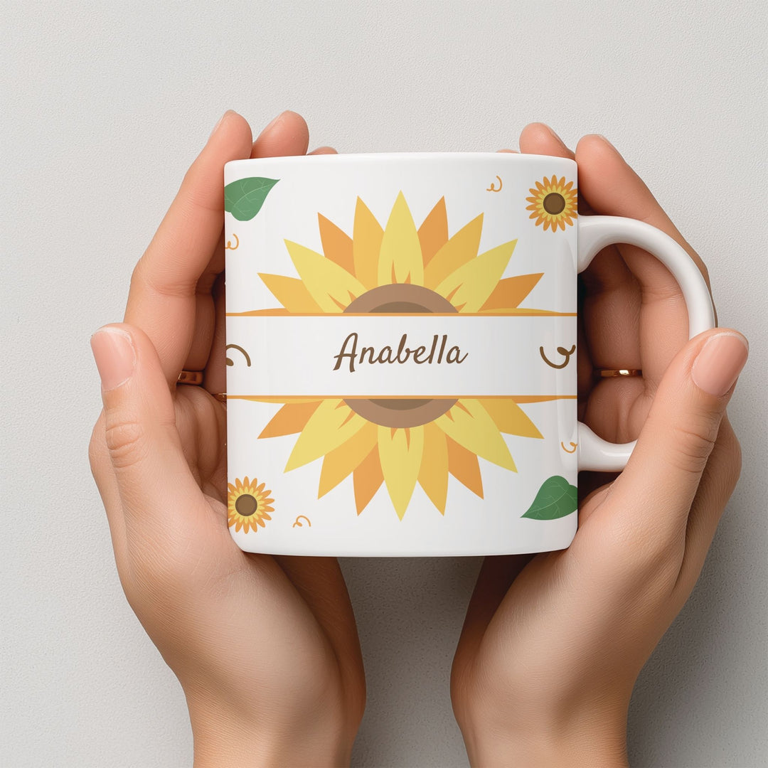 Personalised sunflower name mug held in hands