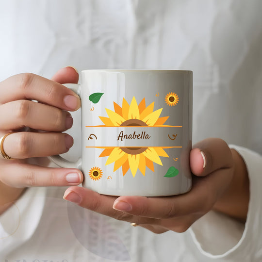 Personalised sunflower name mug with custom name held in hands