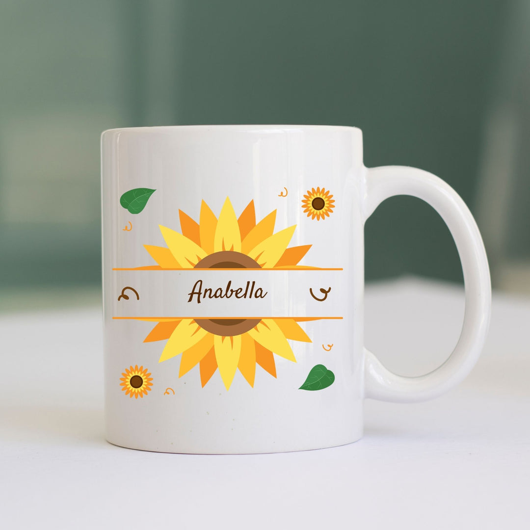 Personalised sunflower name mug lifestyle product image