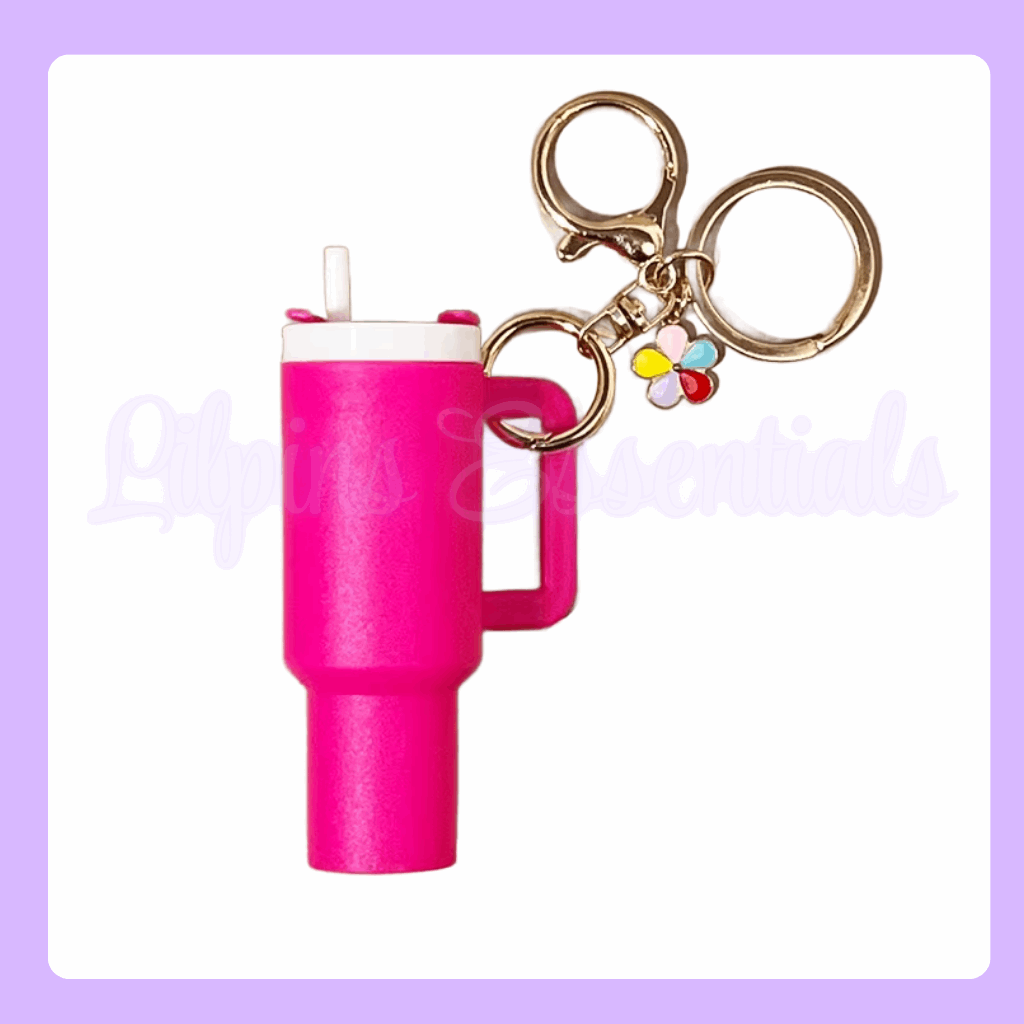 personalised tumbler keyring attached to handbag