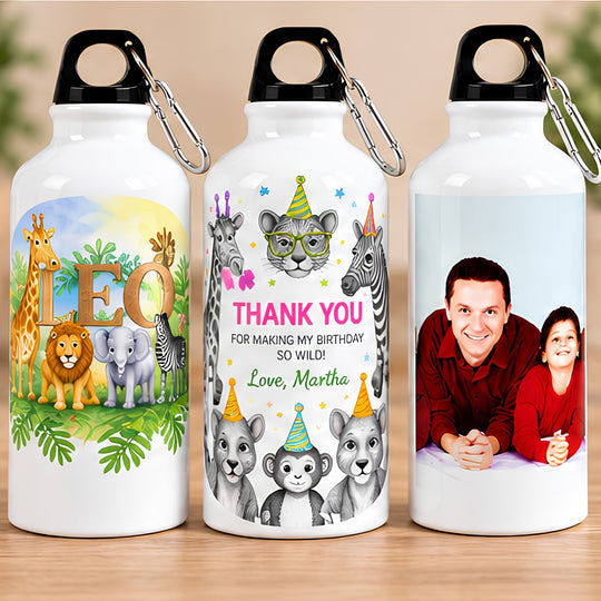 Personalised water bottles with animal party and photo designs