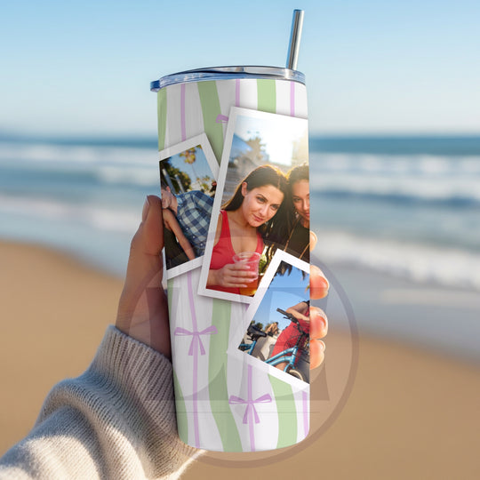 Personalised Wavy Stripe and Bow 3 Photo 20oz Tumbler lifestyle view