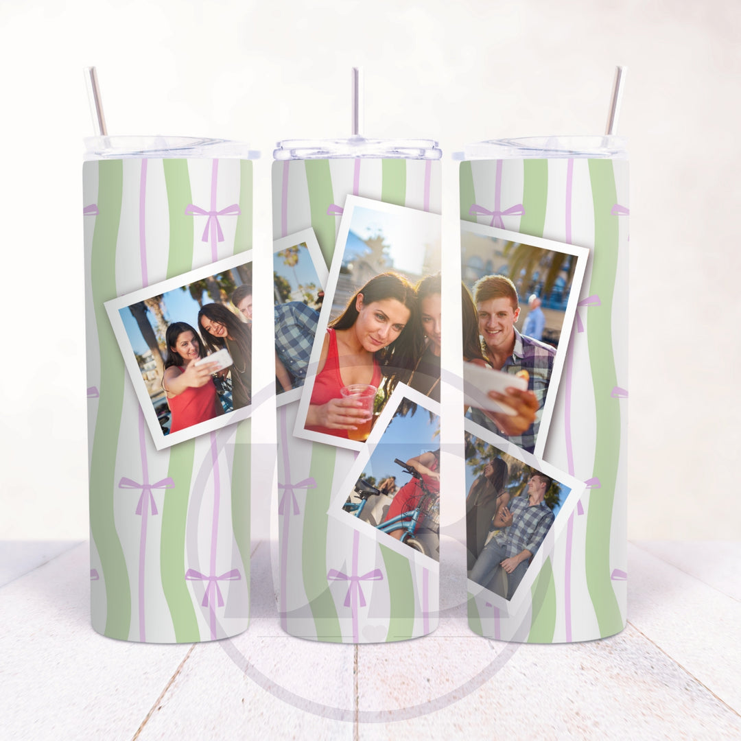 Wavy Stripe and Bow personalised 3 Photo 20oz Tumbler close-up view