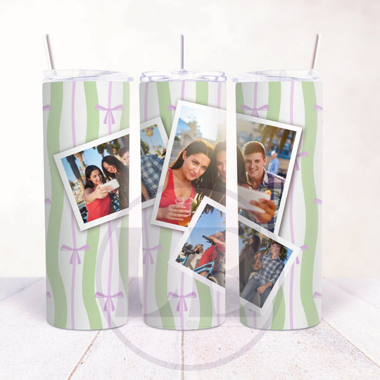 Wavy Stripe and Bow personalised 3 Photo 20oz Tumbler close-up view