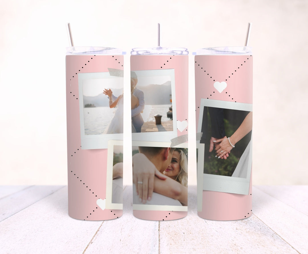 Personalised wedding 3 photo 20oz tumbler in Blush Love Letter design with couple photos