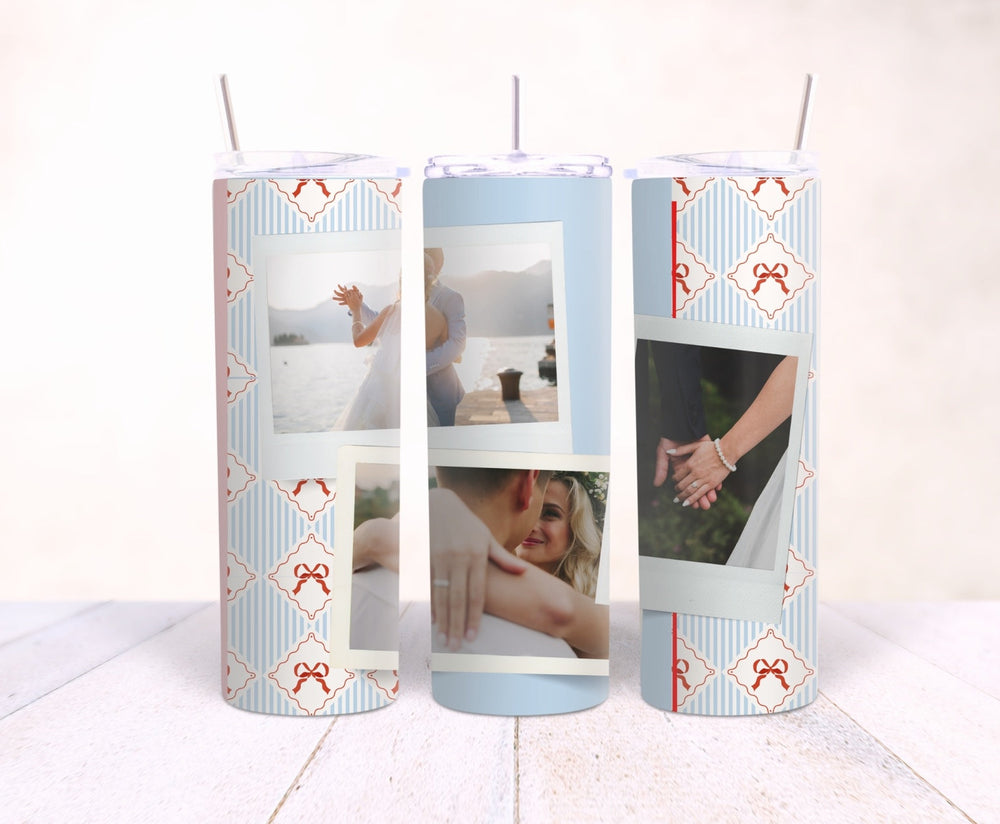 Personalised wedding 3 photo 20oz tumbler in Something Blue design with couple photos
