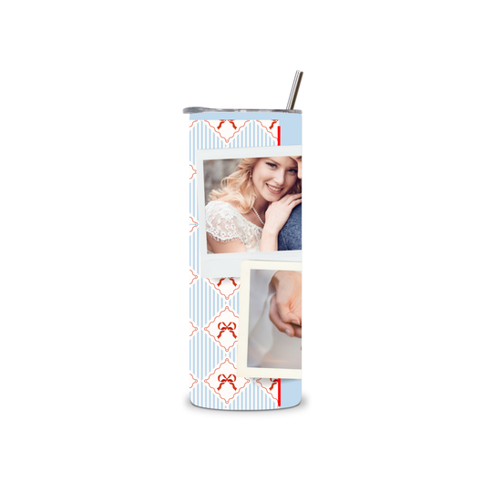 Personalised wedding 3 photo 20oz tumbler in Something Blue design with couple photos