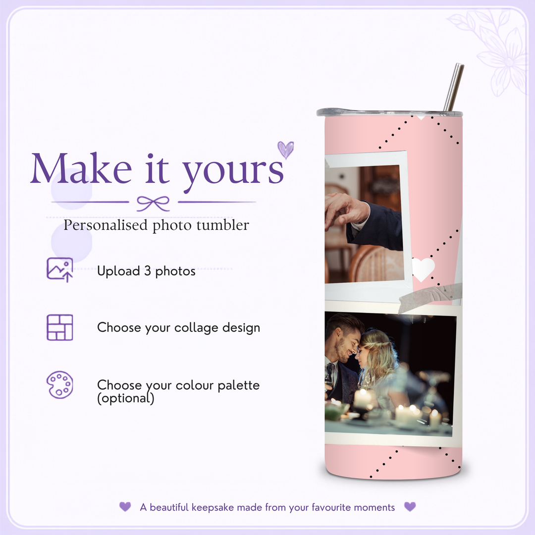 How to personalise a wedding photo tumbler with uploaded photos and chosen design