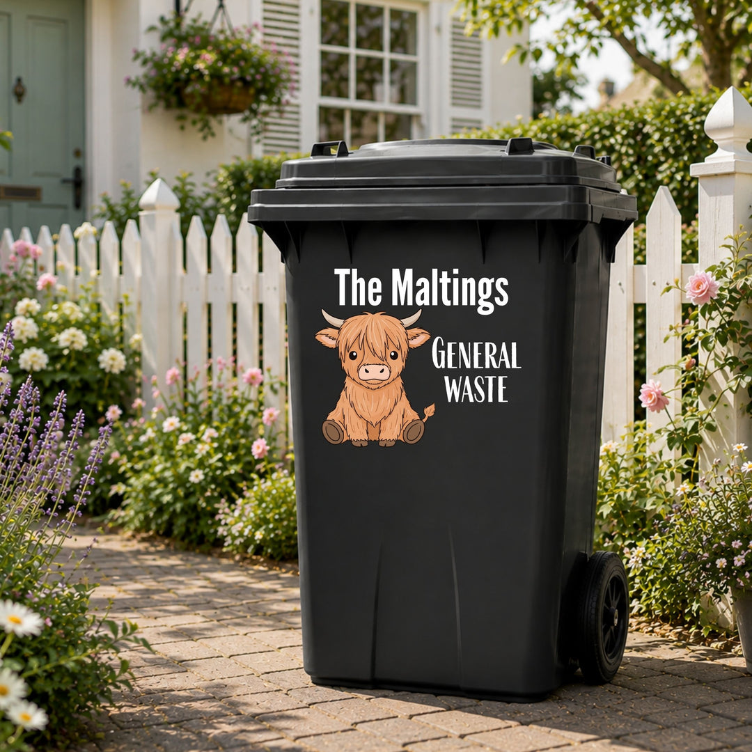 Personalised waterproof sticker on a black wheelie bin