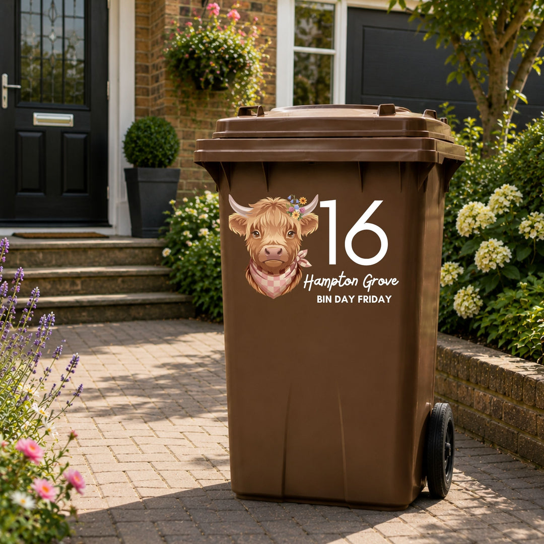 Custom wheelie bin decal on a brown wheelie bin