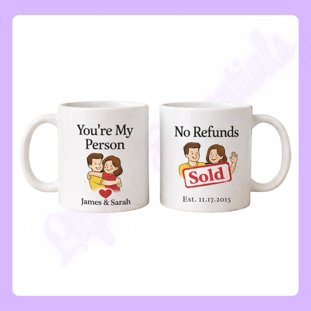 Couples mugs with romantic designs, names and text