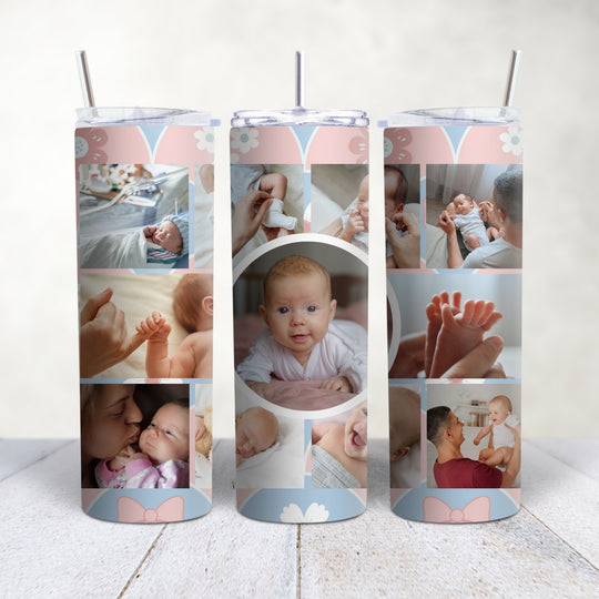Personalised photo collage tumbler 20oz in baby theme pink and blue design