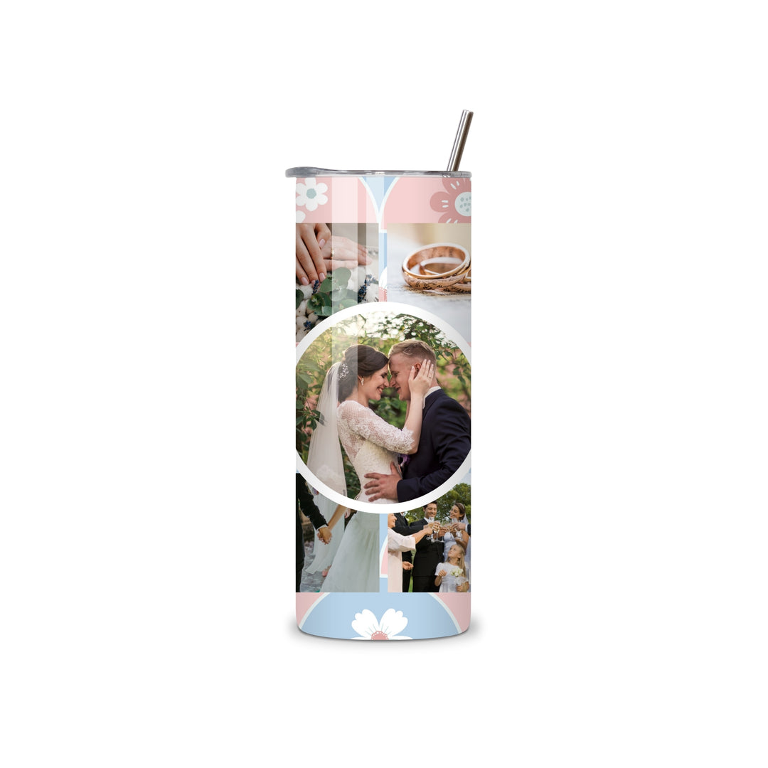 Personalised photo collage tumbler 20oz in pink and blue floral design
