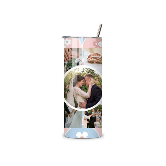 Personalised photo collage tumbler 20oz in pink and blue floral design