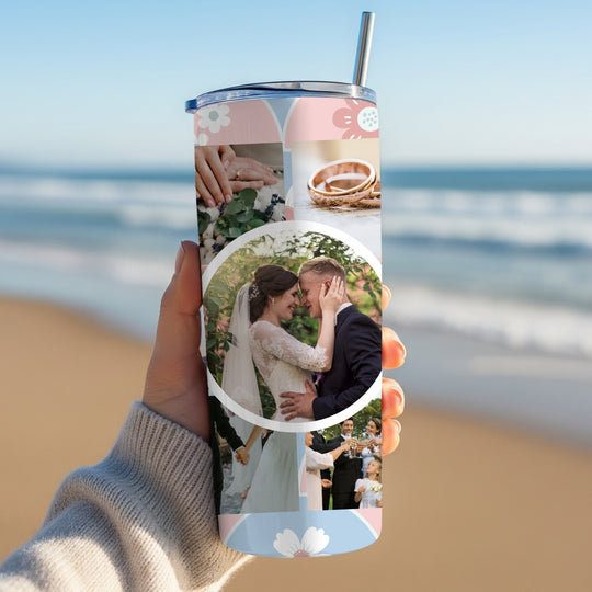 Personalised photo collage tumbler 20oz in pink and blue floral design held at the beach