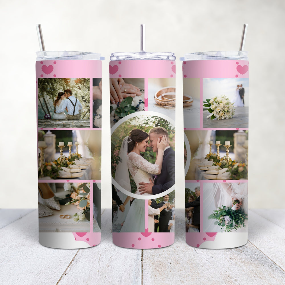Personalised photo collage tumbler 20oz in pink hearts design front view