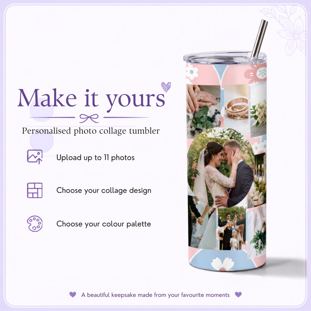 Personalisation guide for photo collage tumbler showing photo upload, design and colour options