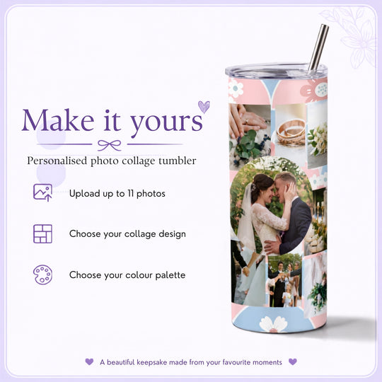 Personalisation guide for photo collage tumbler showing photo upload, design and colour options