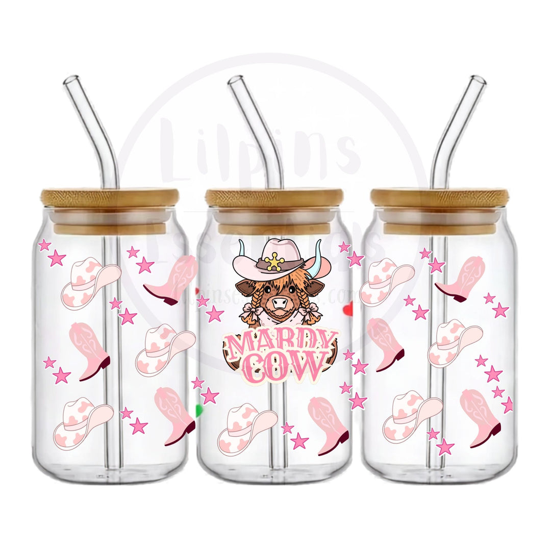 Pink cowgirl Highland cow 16oz glass tumbler with western wraparound design