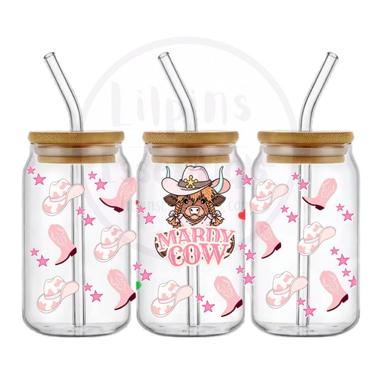 Pink cowgirl Highland cow 16oz glass tumbler with western wraparound design