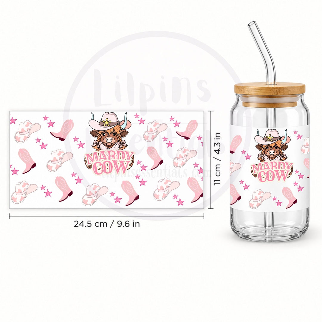 Pink cowgirl Highland cow tumbler wrap measuring approximately 24.5 by 11 centimetres