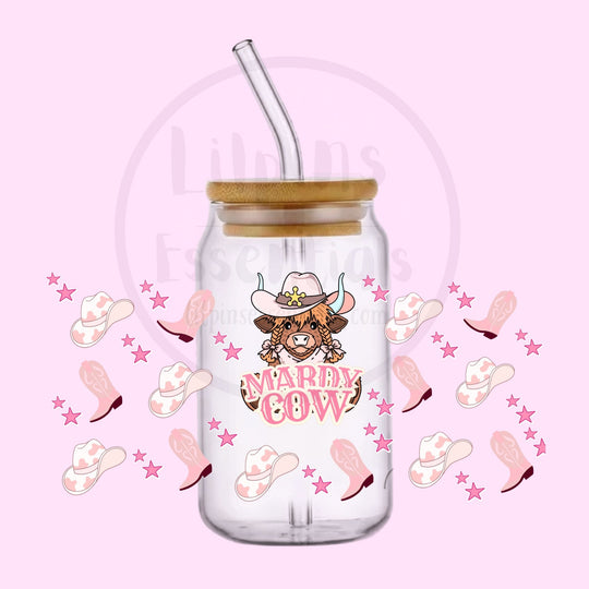 16oz pink western Highland cow glass tumbler with bamboo lid and clear plastic straw