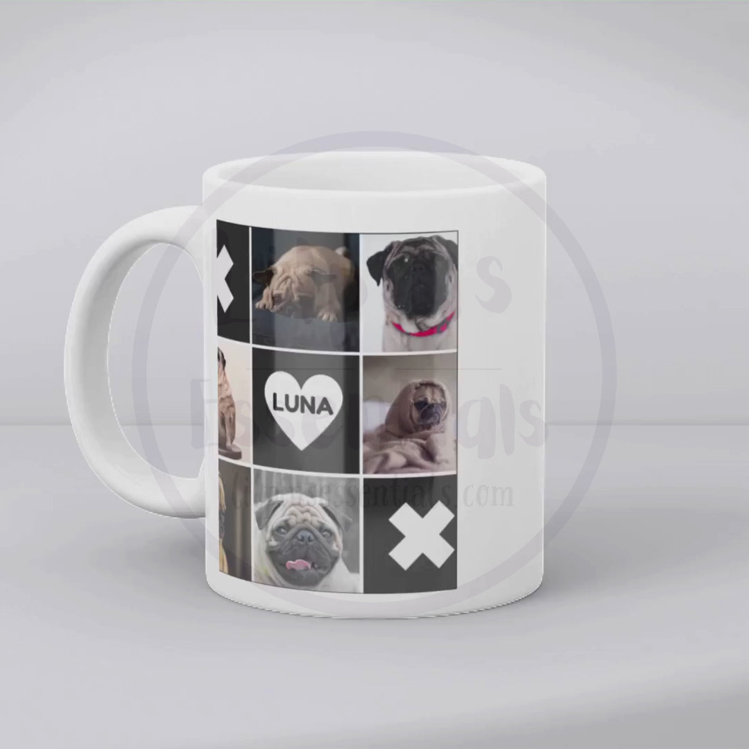 Personalised pet photo mug with name showing LOVE and heart collage designs in 11oz and 15oz sizes