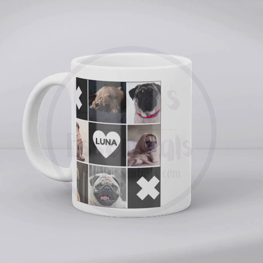 Personalised pet photo mug with name showing LOVE and heart collage designs in 11oz and 15oz sizes