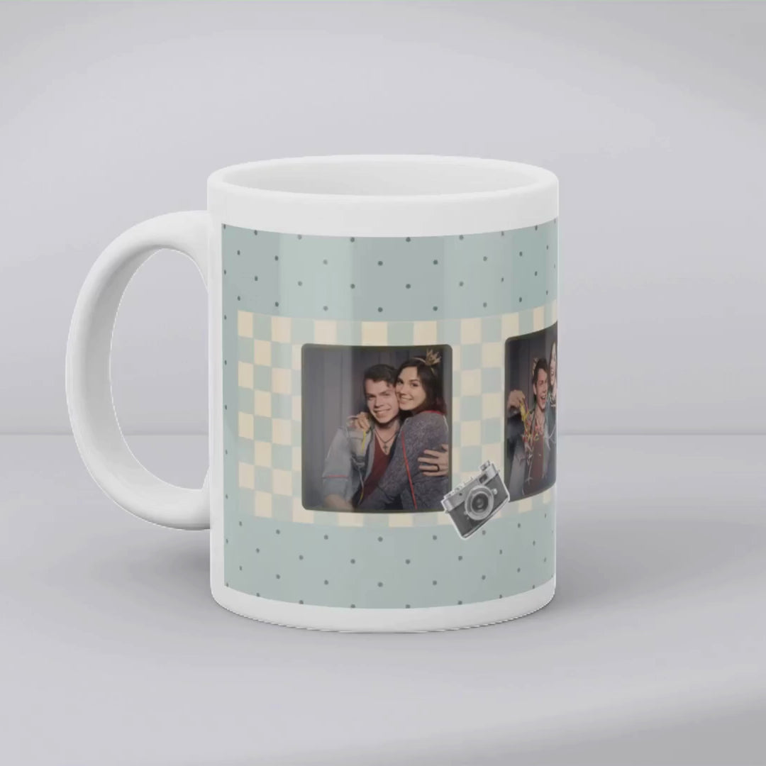 Video showing the full wrap design of a personalised photo booth mug with three photos